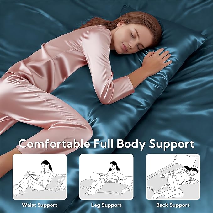 MR&HM Satin Body Pillow Cover, Soft and Breathable Body Pillow Case with Envelope Closure, Cooling and Silky Long Pillowcase for Hair and Skin,Grey (20x54, Teal)