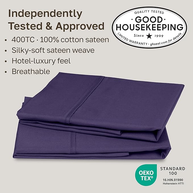 California Design Den King Size Pillowcase Set - 400 Thread Count, 100% Cotton Sateen, Set of 2 Pillow Covers, Soft and Breathable - Dark Purple