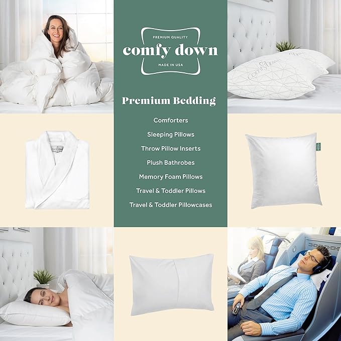 ComfyDown Goose Down Travel Pillow - Filled with 800 Fill Power European Goose Down, Egyptian 300 Thread Count 100% Cotton Cover for Plane car & Home - Made in USA (12x16)