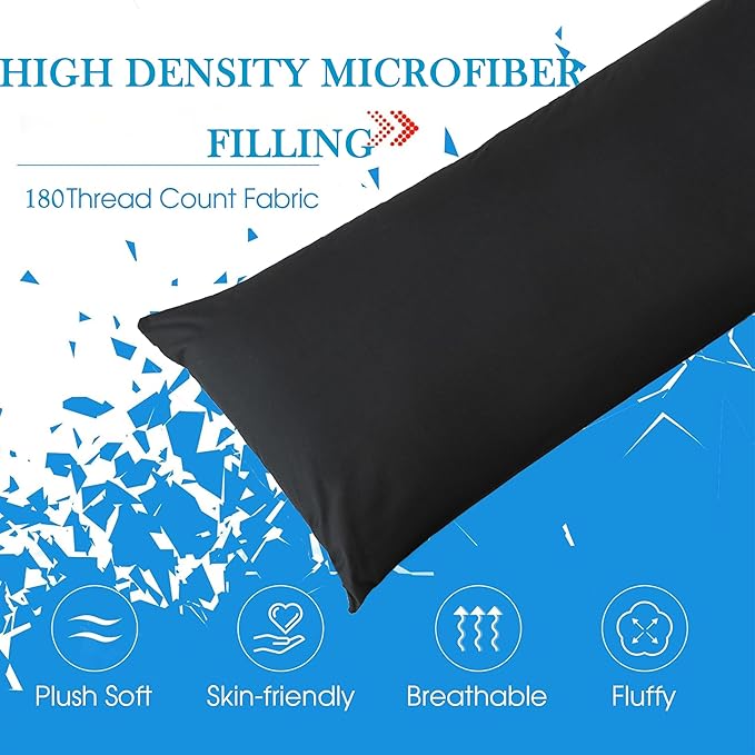 SHOUREN Cotton Body Pillow Insert - Cooling Breathable Full Body Pillow for Side Sleeper - Soft Long Bed Pillow for Adults - 20 x 54 inch-Black