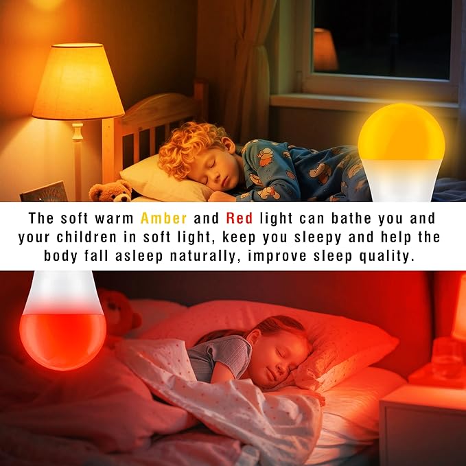 Amber and Red Light Bulbs 25-40W Equivalent, 1800k Amber Sleep Light Bulb, 625nm Red Night Light, 3W 300lm, E26 Base for Bedroom Healthy Sleep Porch Party Holiday Lighting, Non-Dimmable(1 Amber+1 Red)