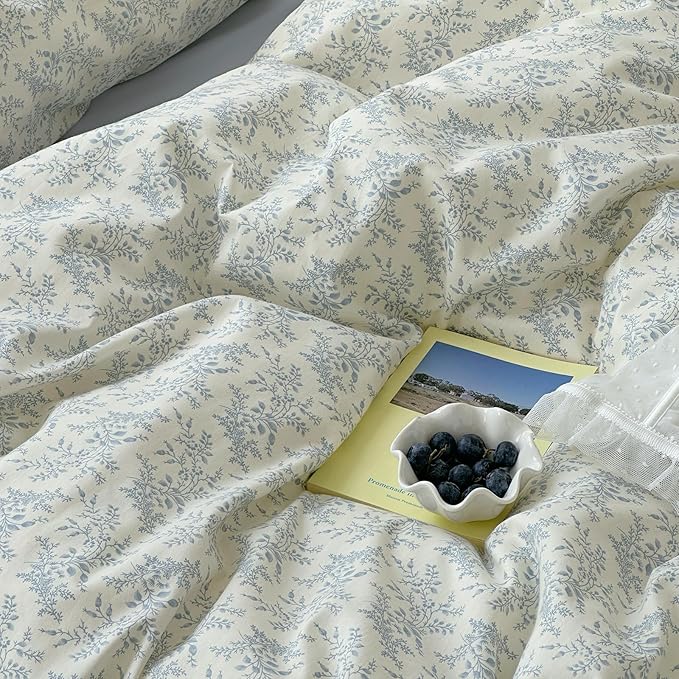 mixinni Blue Floral Duvet Cover King Size - 100% Cotton Soft Boho Comforter Cover with Zipper Closure 4 Ties, 3-Piece Vintage Aesthetic Botanical Bedding Set with 2 Pillowcases, All Season Bed Set