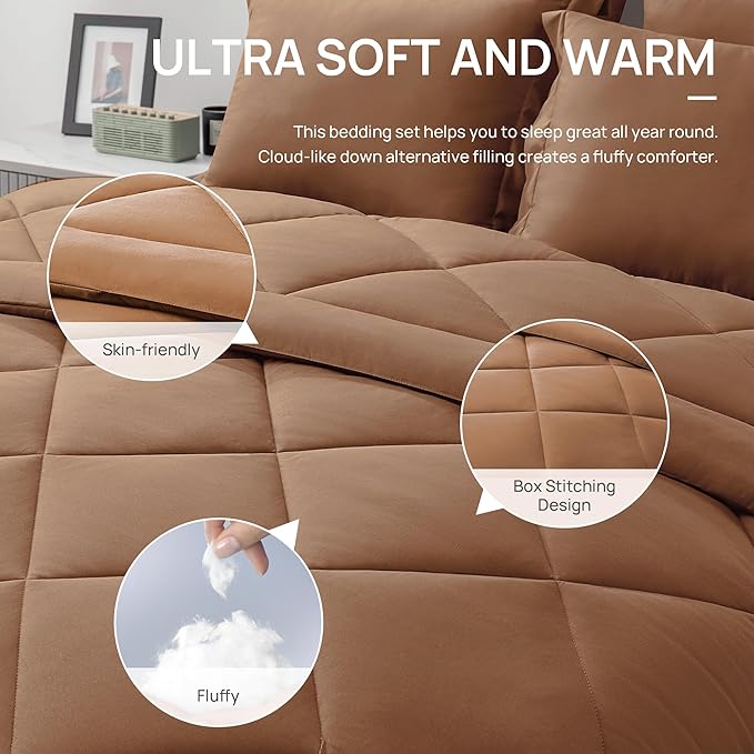 Love's cabin Full Comforter Set Mocha Mousse, 7 Pieces Full Bed in a Bag, All Season Bedding Sets with 1 Comforter, 1 Flat Sheet, 1 Fitted Sheet, 2 Pillowcase and 2 Pillow Sham | Soft, Breathable, Lightweight, Comfortable