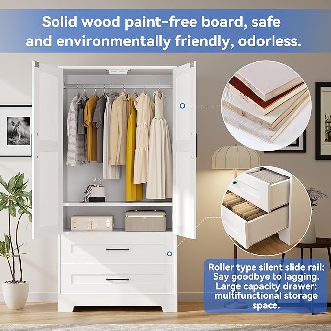 Wooden Armoire Wardrobe Closet with Drawers, Bedroom Armoires with Door and Shelves, Freestanding Wardrobe Clothing Storage Cabinet with Hanging Rod for Bedroom, Laundry Room, Cloak Room （White）