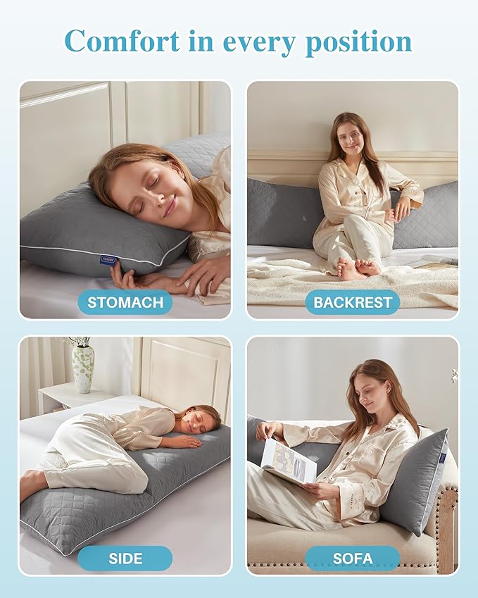 YZ HOME Long Body Pillow for Adults - Firm Body Pillow Insert with Shredded White Memory Foam, Adjustable Height, Soft Support for Side Sleeping, Pregnant Women, Washable (Grey, 20x54 Inch)