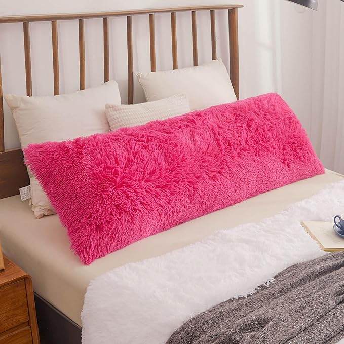 XeGe Shaggy Faux Fur Body Pillow Cover, Fluffy Long Body Pillow Case with Zipper Closure, Soft Decorative Plush Furry Body Pillowcase, Fuzzy Pillow for Bedroom Home Decoration Couch 20"x54", Hot Pink