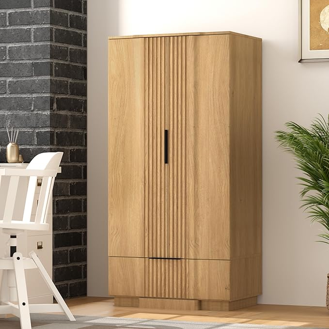 Brafab 67" Fluted Armoire Wardrobe Closet with Drawers and Doors, Wooden Wardrobe Cabinet with Adjustable Shelves, Modern Storage for Clothes, Coats for Bedroom,Natural Wood (1 pcs)