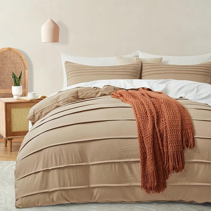 Oli Anderson Khaki Duvet Cover Queen Size - Pleated Queen Duvet Cover, 3PCS Soft and Breathable Textured Bedding Set with Zipper Closure(Khaki,90"x90")