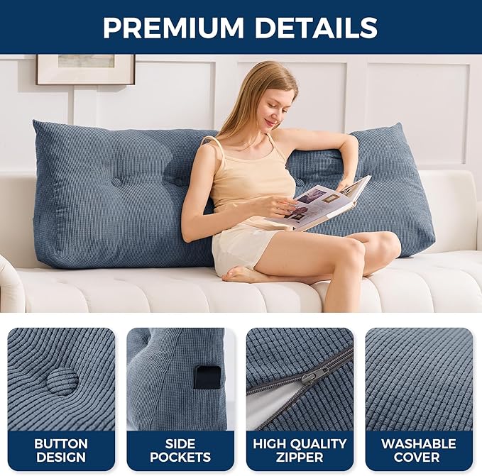 IASEAHK Headboard Pillow Queen, Triangle Pillows for Headboard, Head Board Backrest Wedge Pillow for Reading Sitting Working, Daybed Pillows with Removable Cover for Bed Dorm Sofa, Navy Blue