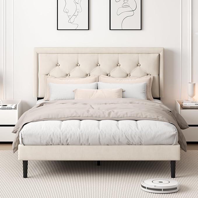 CXVX Full Size Platform Bed Frame with Upholstered Velvet Button Tufted Headboard, Mattress Foundation with Wooden Slat Support, No Box Spring Needed, Easy Assembly, Noise Free, Beige