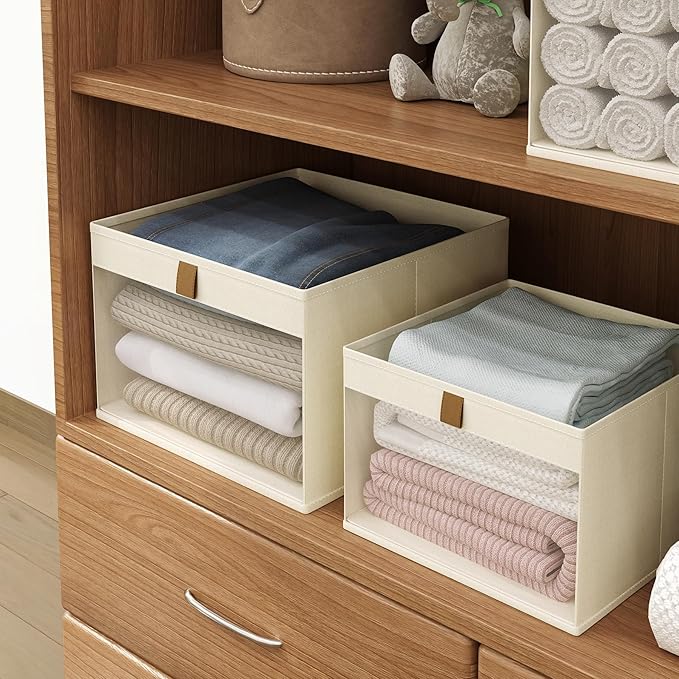 Linen Closet Organizers and Storage, Closet Storage Bins Basket Organizer, Foldable Organization Baskets with Mesh Window for Clothes Towels and Toys, 14.5" x 14.5" x 10.25", Beige, 6 pack