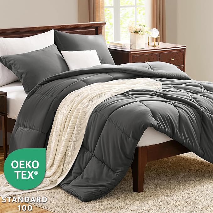 CozyLux Queen Comforter Set - 270GSM Dark Grey Bedding Sets for All Seasons, 3 Pieces Box Stitched Bed Set with 1 Down Alternative Comforter and 2 Pillow Shams, Soft, Lightweight, Breathable