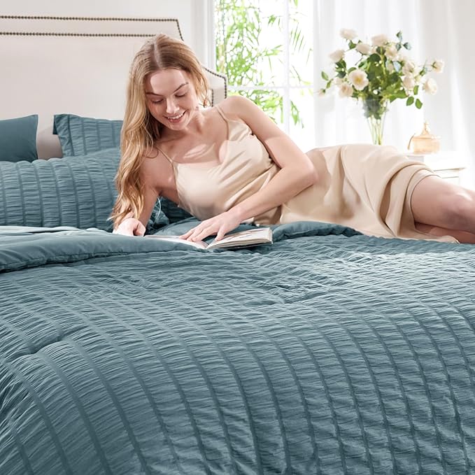 CozyLux Oversized King Comforter Set Mineral Blue Seersucker 7 Pieces 120x98 Bed in a Bag Comforter Set with Sheets, Luxury Bedding Sets with Down Alternative Comforter, Sheets, Pillowcases & Shams