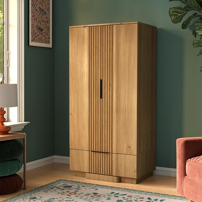 Yechen 67" Fluted Armoire Wardrobe Closet with Doors and Drawer, Wooden Wardrobe Closet Cabinet with Adjustable Shelve, Modern Small Armoires Storage Clothes, Coats for Bedroom, Natural