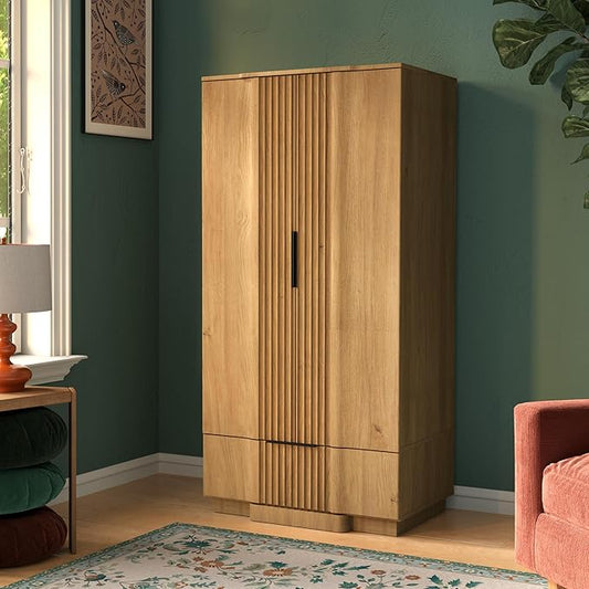 Yechen 67" Fluted Armoire Wardrobe Closet with Doors and Drawer, Wooden Wardrobe Closet Cabinet with Adjustable Shelve, Modern Small Armoires Storage Clothes, Coats for Bedroom, Natural
