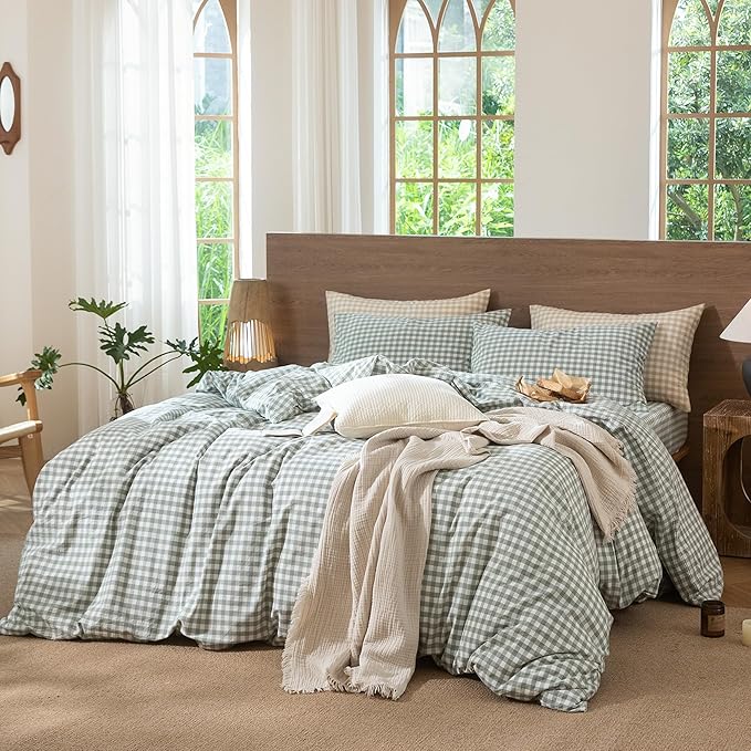 MooMee Gingham Duvet Cover Set 100% Washed Cotton Linen Like Textured Breathable Durable Soft Comfy Modern Checkered Design (Sage Green Gingham, King 104"x90")