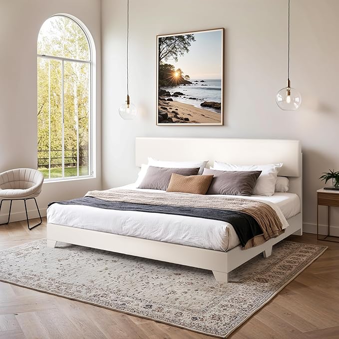 SHA CERLIN King Size Bed Frame with Adjustable Headboard, Faux Leather Upholstered Platform Bed with Wood Slats, Stable Mattress Foundation,No Box Spring Needed, Off-White