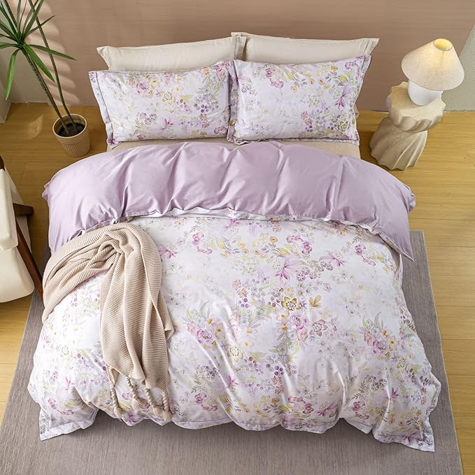 OAITE Duvet Cover Set King Size Floral Pattern Ultra Soft 100% Cotton Duvet Cover Sets 3-PC, Breathable Duvet Cover with Zipper Closure & Corner Ties(2 Pillow Shams,1 Duvet Cover)