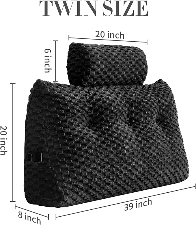 Wedge Headboard Pillow - Bed Wedge Pillow for Headboard Triangular Headboard Pillows with Neck Roll Pillow-Large Bolster Pillows for Sitting in Bed Backrest Positioning Support (Black,39x8x20 Inches)
