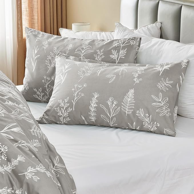 MUXHOMO Duvet Cover Queen Size, Reversible Floral Silver Gray Duvet Cover Set with Zipper Closure, 3 Pieces Botanical Patterns Soft Microfiber Bedding Set with 4 Ties (90"x90", 2 Pillow Cases)