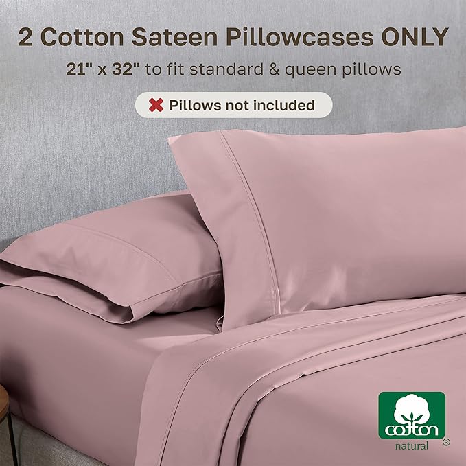 California Design Den Queen/Standard Pillow Cases Set of 2-400 Thread Count Sateen, Natural 100% Cotton, Pillow Covers Queen Size, Soft, Roomy and Breathable - Mauve