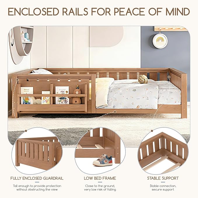 Bellemave Twin Floor Bed Frame with Fence & Bookshelf, Solid Pine Wood Twin Montessori Floor Bed with Slats Load 300LBS, Low Profile Floor Bed for Kids, Bedroom, Nursery, Easy Assembly, Oak Brown