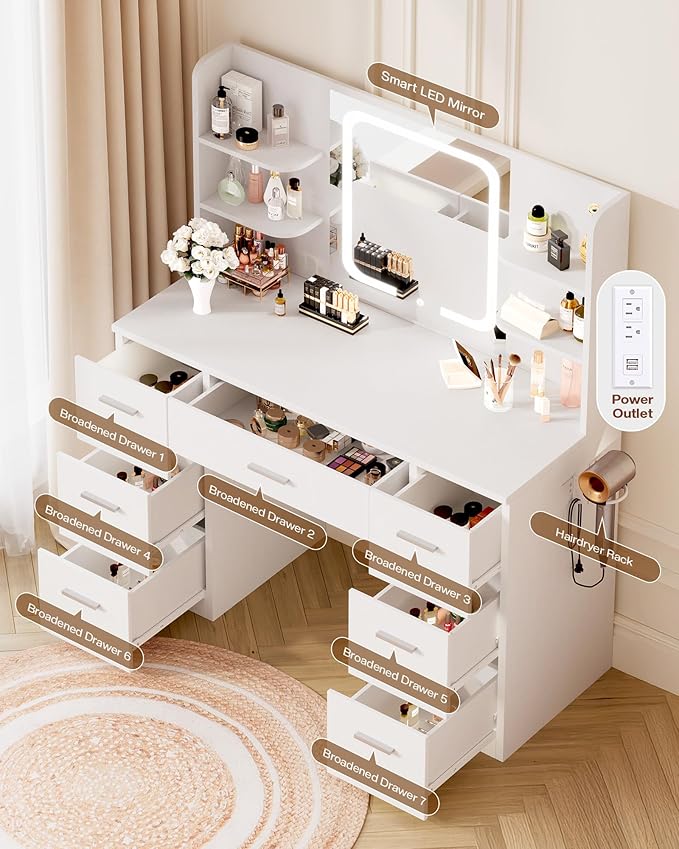 LIVELYGLOW White Large Makeup Vanity Desk with Smart LED Mirror & Power Station, 43" Professional Dressing Table with 7 Drawers, 4 Open Shelves & Hairdryer Holder for Bedroom