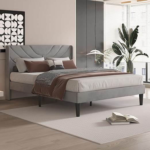 VECELO Upholstered Platform Full Bed Frame with Fabric Headboard,Wooden Slats Support/No Box Spring Needed/Mattress Foundation,Dark Grey