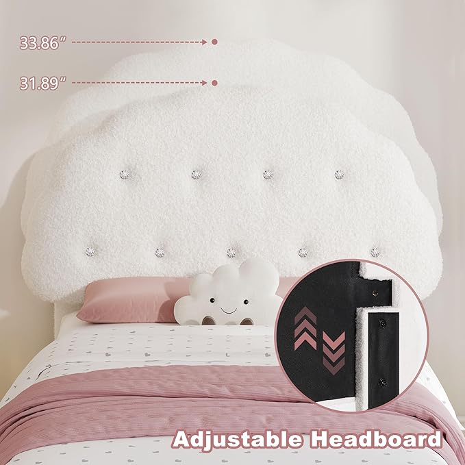 Cookie Twin Upholstered Bed Frame with LED Lights, Floating Bed Frames with Adjustable Headboard and Raised Footboard for Princess/Prince Bedroom, Teddy Velvet（White） | Cookie Bed Frame