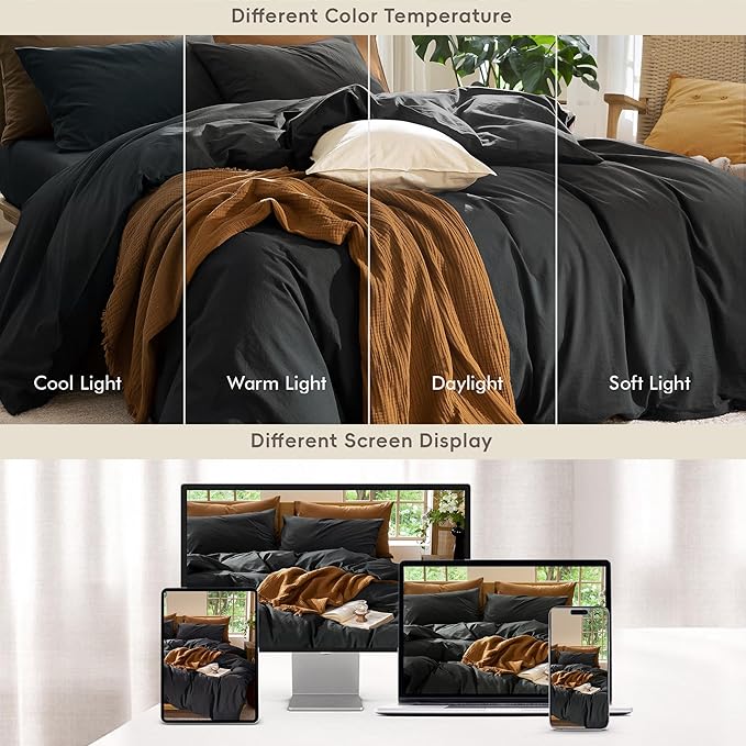 MooMee Bedding Duvet Cover Set 100% Washed Cotton Linen Like Textured Breathable Durable Soft Comfy (Solid Black, Twin 68"x90")