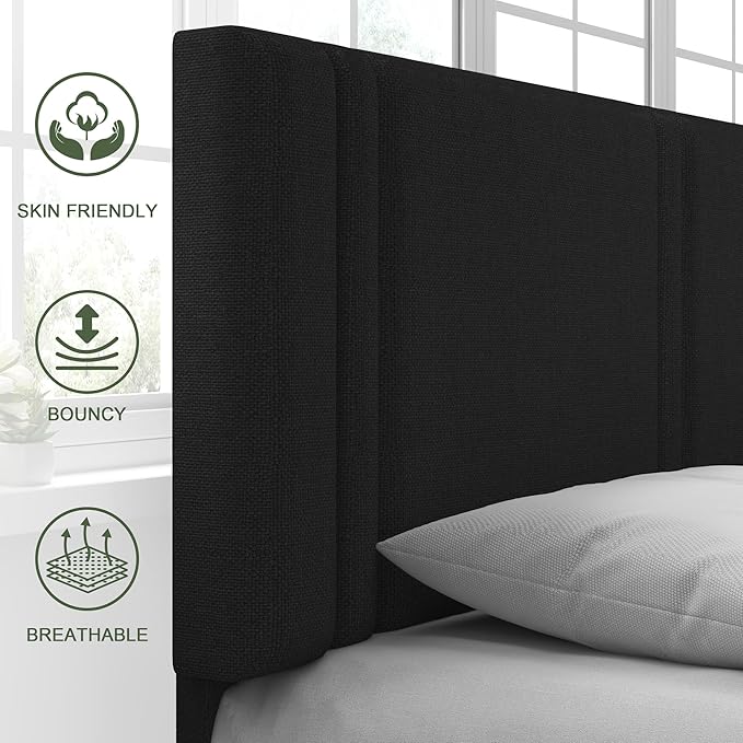 Feonase Queen Platform Bed Frame, Fabric Upholstered Queen Bed Frame, Solid Wood Slats & Heavy Duty Feet Support, No Box Spring Needed, Noise-Free, Easy Assembly, Black