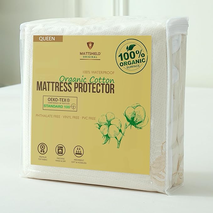 Waterproof Organic Mattress Protector Queen Size – Soft OCS Certified Organic Cotton Surface Mattress Cover – Noiseless & Breathable 250 GSM Mattress Pad – Deep Pocket Fitted Design