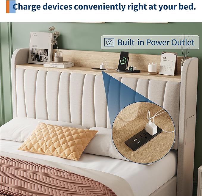 Garvee Upholstered Bed Frame Full Size with Storage Headboard and Charging Station, Platform Bed Frame with Drawers, Heavy Duty, No Box Spring Needed, Easy Assembly, Beige