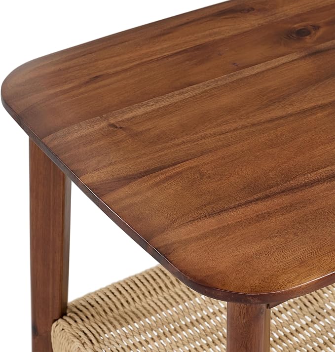 Alaterre Furniture Calais 2-Tier Solid Wood End Table with Woven Storage Shelf – Set of 2 Mid Century Modern Nightstand or Side Table for Living Room, or Bedroom (Chestnut)