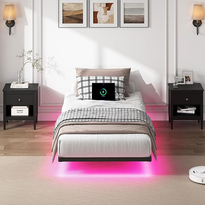 YORMDMO Floating Bed Frame Twin Size, Heavy Duty Bedframe with Smart LED Lights & Charging Station, Modern Metal Platform Bed, Easy Assembly No Box Spring Needed, 10 Inch