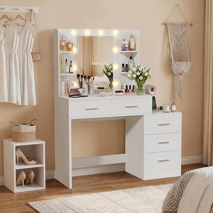 Furmax Makeup Vanity Desk with Mirror and Power Outlet, Vanity with 3 Color Light Options Adjustable Brightness, Vanity Table with 5 Drawers, 6 Storage Shelves, Nightstands (White)
