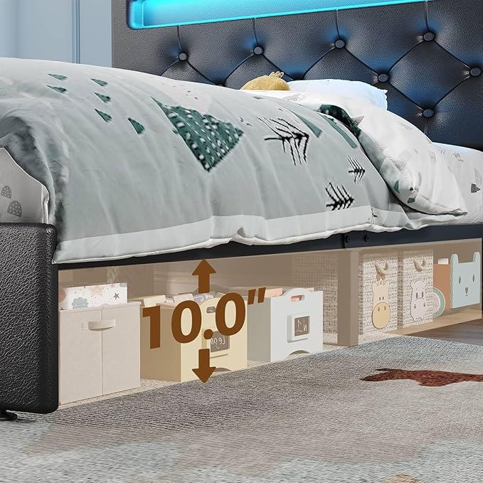 Rolanstar Twin Bed Frame with Charging Station, LED Bed with Under Bed Storage, Adjustable Headboard 38.9/40.8 Inches, No Box Spring Needed, Noise Free, Easy Assembly, Black