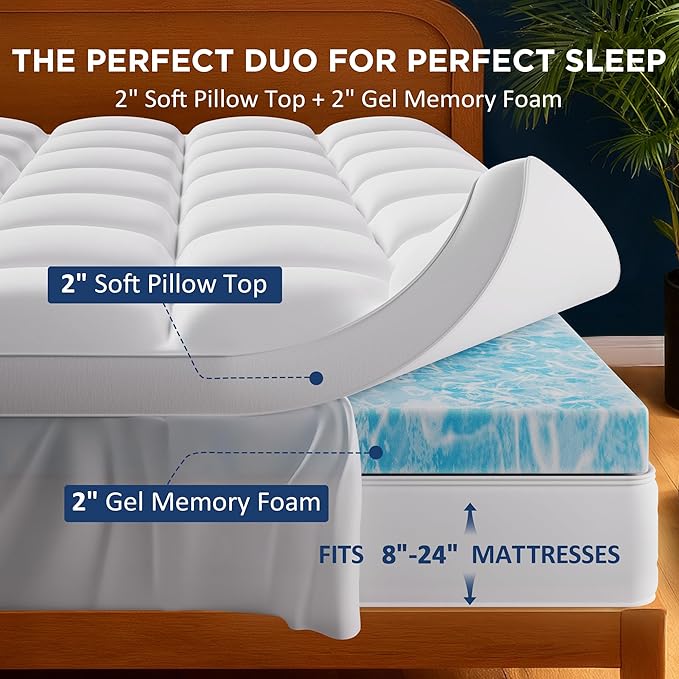 Queen Size Dual Layer 4 Inch Memory Foam Mattress Topper, 2 Inch Cooling Gel Memory Foam and 2 Inch Washable Soft Pillow Top Mattress Pad Cover, 8-24 Inch Deep Pocket, Medium Firm Support