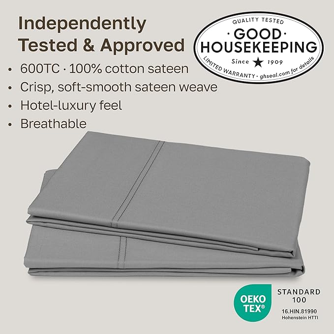 California Design Den Luxuriously Soft Premium 600 Thread Count, 100% Cotton Set of 2 Cases, Crisp Pillow Cases King Size Set of 2, Fits King Pillows (Mist Grey)
