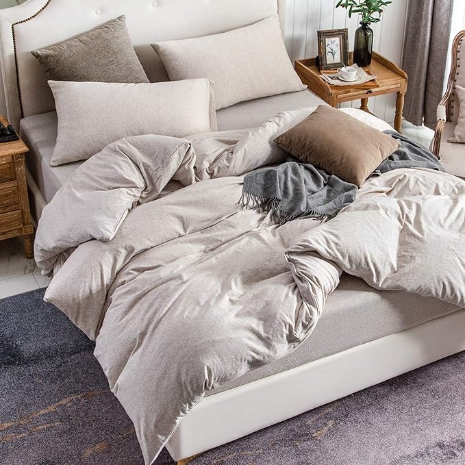 PURE ERA Jersey Knit Duvet Cover Set 100% T-Shirt Cotton Super Soft Comfy 3pc Bedding Set with Zipper Closure (Heather Beige, Oversized King)