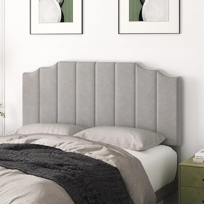Befurtori Queen Size Headboard Only, Velvet Wall Mounted Headboard Queen Size for Adjustable Bed, Modern Vertical Channel Design with Curved Tufted Upholstered Head Board and Luxury Soft Padded, Gray