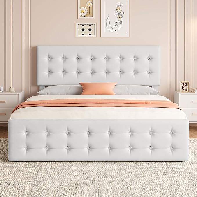 IDEALHOUSE King Size Bed Frame with 4 Storage Drawers and Headboard, Faux Leather Upholstered Platform Bed Frame with Wooden Slats Support, Button Tufted Design, No Box Spring Needed, White