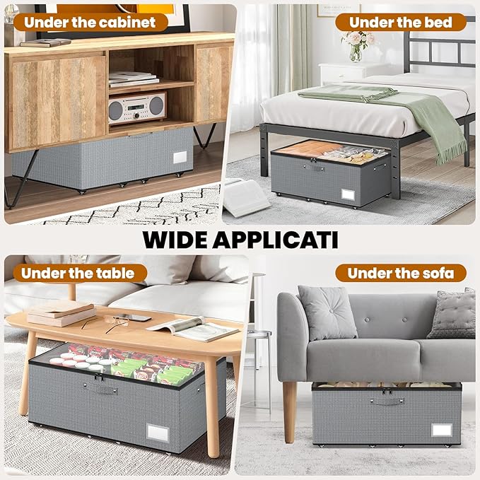 Dayacoco Under Bed Storage With Wheels,10 Inches Under Bed Storage Containers,65L Large Capacity,No Assembly Required Rolling Under Bed Storage for Clothes,Blankets,Shoes,Grey