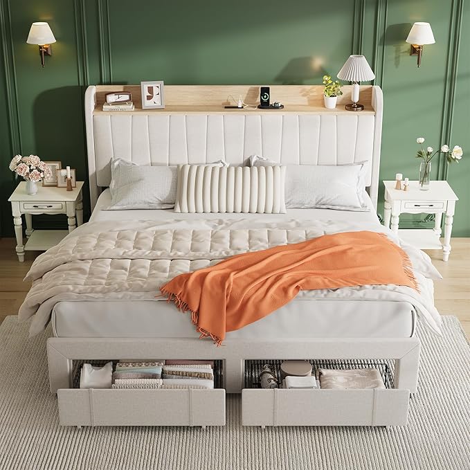 Garvee Upholstered Bed Frame King Size with Storage Headboard and Charging Station, Platform Bed Frame with Drawers, Heavy Duty, No Box Spring Needed, Easy Assembly, Beige