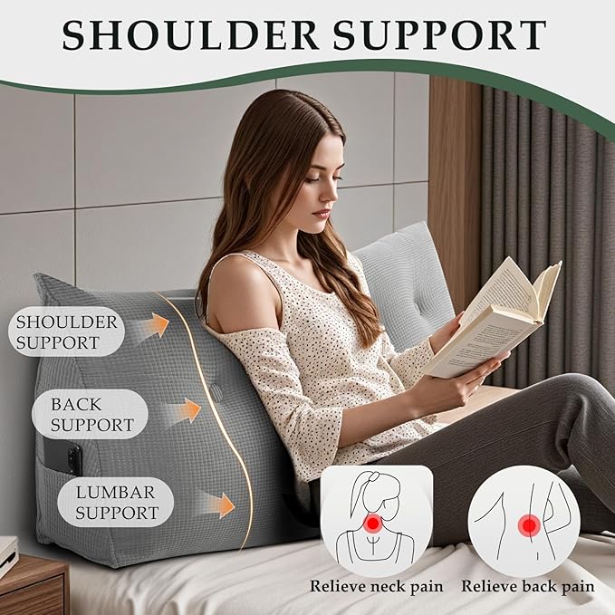 Huatean Home Soft Headboard Pillow Full Size, Wall Backrest Wedge Pillow Headboard Full, Reading Backboard Pillows, Large Dorm Daybed Bolster Pillows for Back Support with Removable Cover, Gray