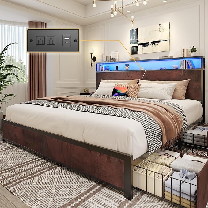 Lifezone King Bed Frame with 2-Tier Storage Headboard, Metal Platform Bed Frame with 4 Storage Drawers, Built in Charging Station & LED, Noise-Free/Metal Support/No Box Spring Needed, Coffee Brown