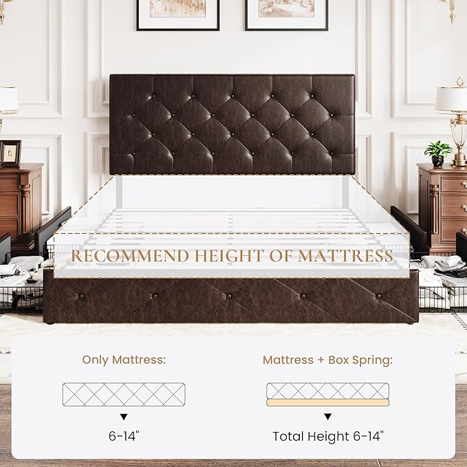 SHA CERLIN Upholstered Queen Size Platform Bed Frame with 4 Storage Drawers, Adjustable Headboard with Diamond Stitched Button Tufted Design, Wooden Slat Support, No Box Spring Needed, Black Brown
