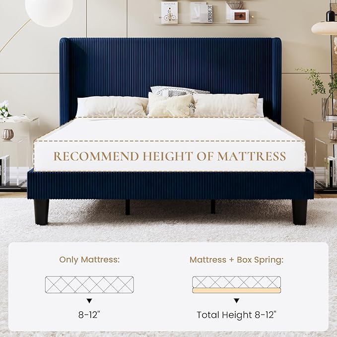SHA CERLIN King Size Corduroy Upholstered Platform Bed Frame with Vertical Channel Tufted Wingback Headboard, 8" Under Bed Storage, Wooden Slats & Metal Frame Support, Easy Assembly, Dark Blue