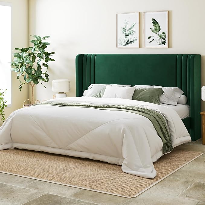 Allewie King Size Velvet Platform Bed Frame with Vertical Tufted Wingback Headboard, Easy Assembly, Under Bed Storage, No Box Spring Required, Modern Style, Green