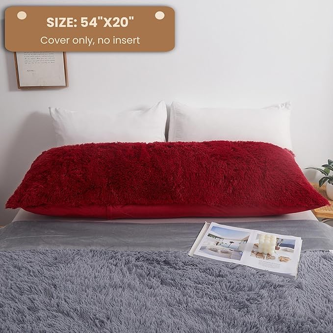 MEGO Luxury Fluffy Body Pillow Cover, 20x54 Shaggy Faux Fur Body Pillow Case, Red Soft Plush Fuzzy Body Pillowcase, Decorative Furry Long Bed Pillow with Zipper Closure Hug Pillow for Bedroom Red